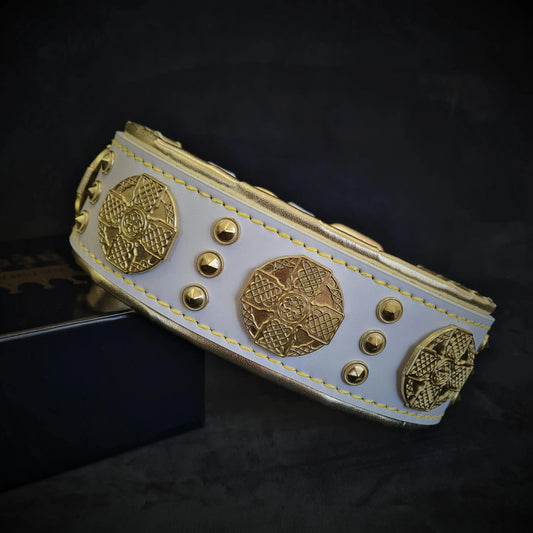 Marquise Pup | The Maximus Collar — 2.5" Wide White & Gold Leather Dog Collar