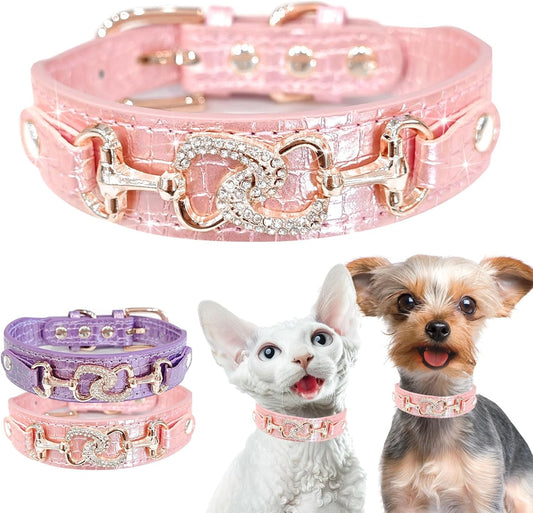 Luxury Crystal Heart Dog Collar – Pink & Purple Croc Texture
