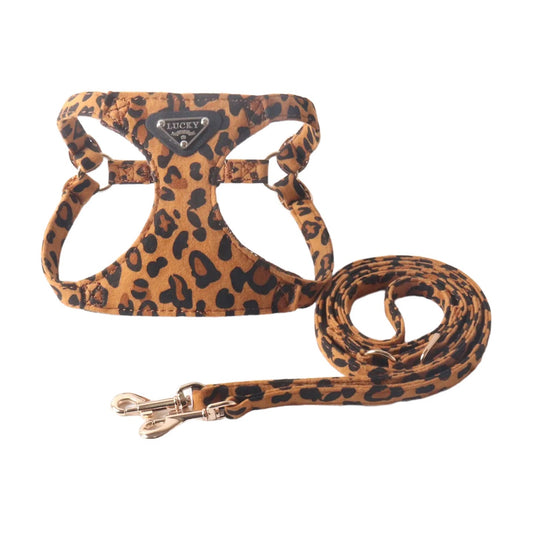 Leopard Print Dog Harness and Leash Set Adjustable Luxury Puppy Vest