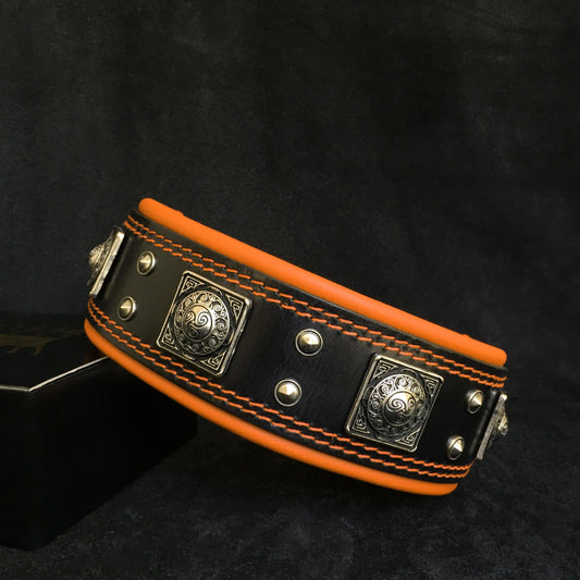 Marquise Pup | The Eros Collar — 2.5" Wide Black & Orange Leather Dog Collar