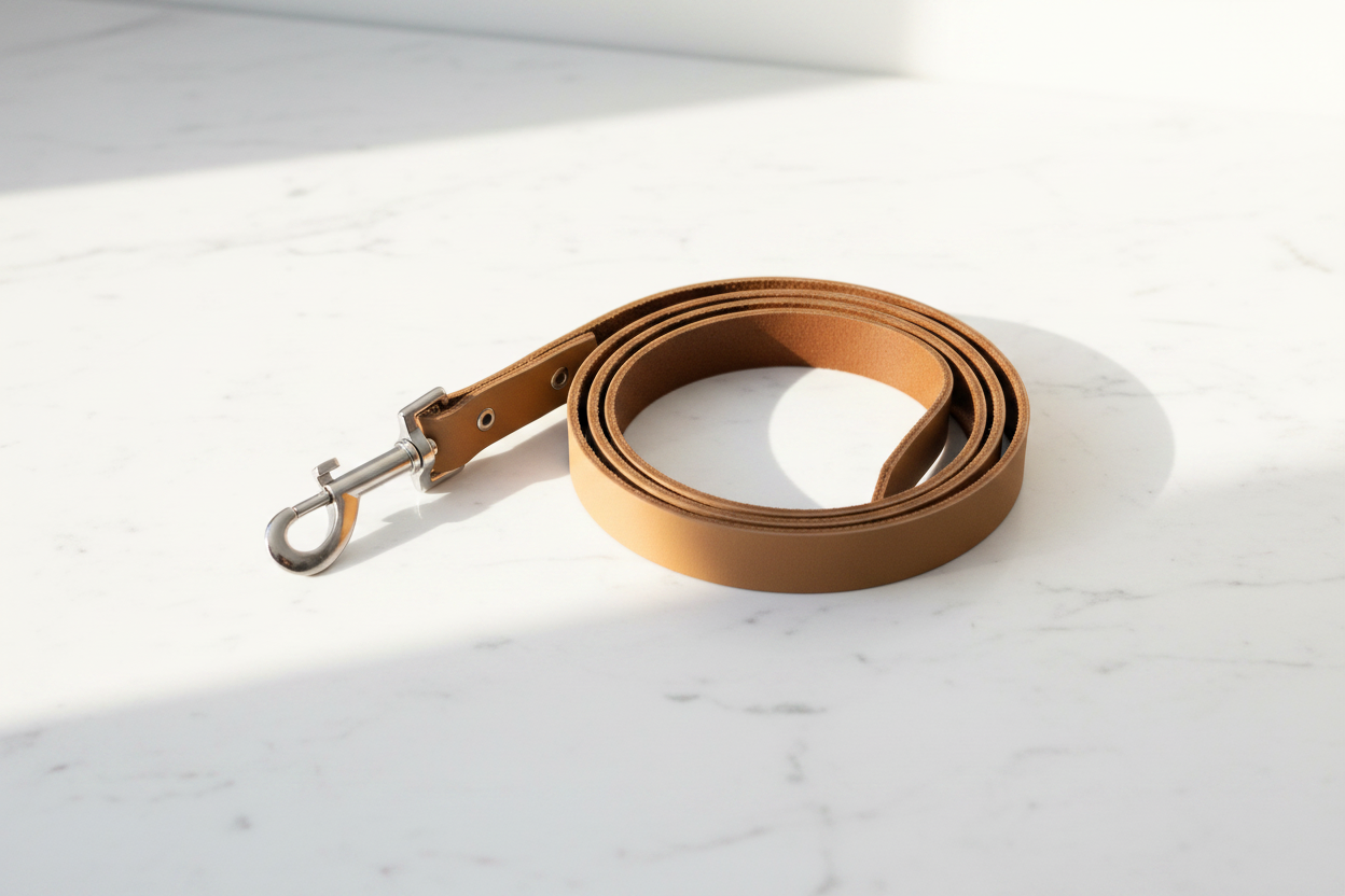 Khaki leather dog leash coiled on white marble with silver hardware