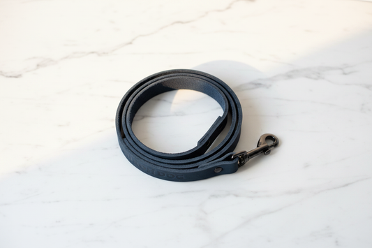 Blue jeans leather dog leash coiled on white marble with matte black hardware