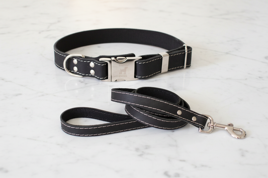 Leather Collar & Leash - White Marble