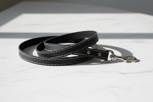 Pro Line Midnight Black Leather Leash on White Marble