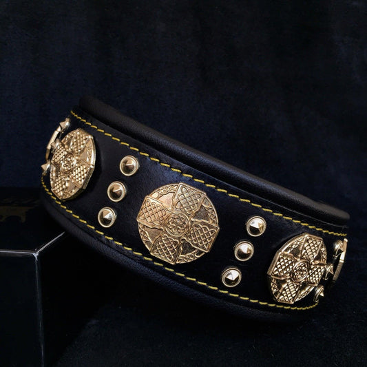Marquise Pup | The Maximus Collar — 2.5" Wide Black & Gold Leather Dog Collar