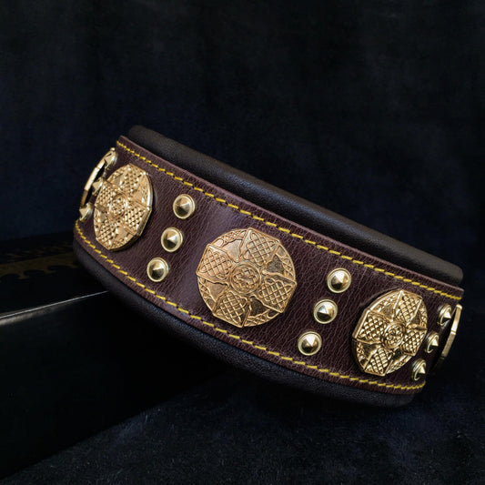 Marquise Pup | The Maximus Collar — 2.5" Wide Brown & Gold Leather Dog Collar